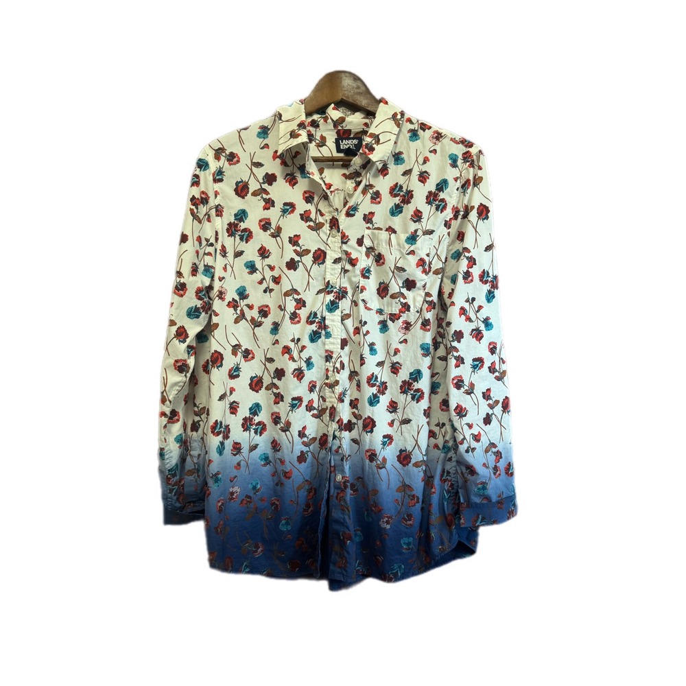 Lands' End Floral Ombre Button Up Shirt Womens Medium 10-12 Blue White Excellent